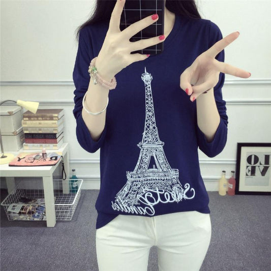 Eiffel Tower Printed Fashion Pullover T-shirt for Women