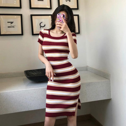 Round Neck Striped Fashion Bodycon Dress for Women