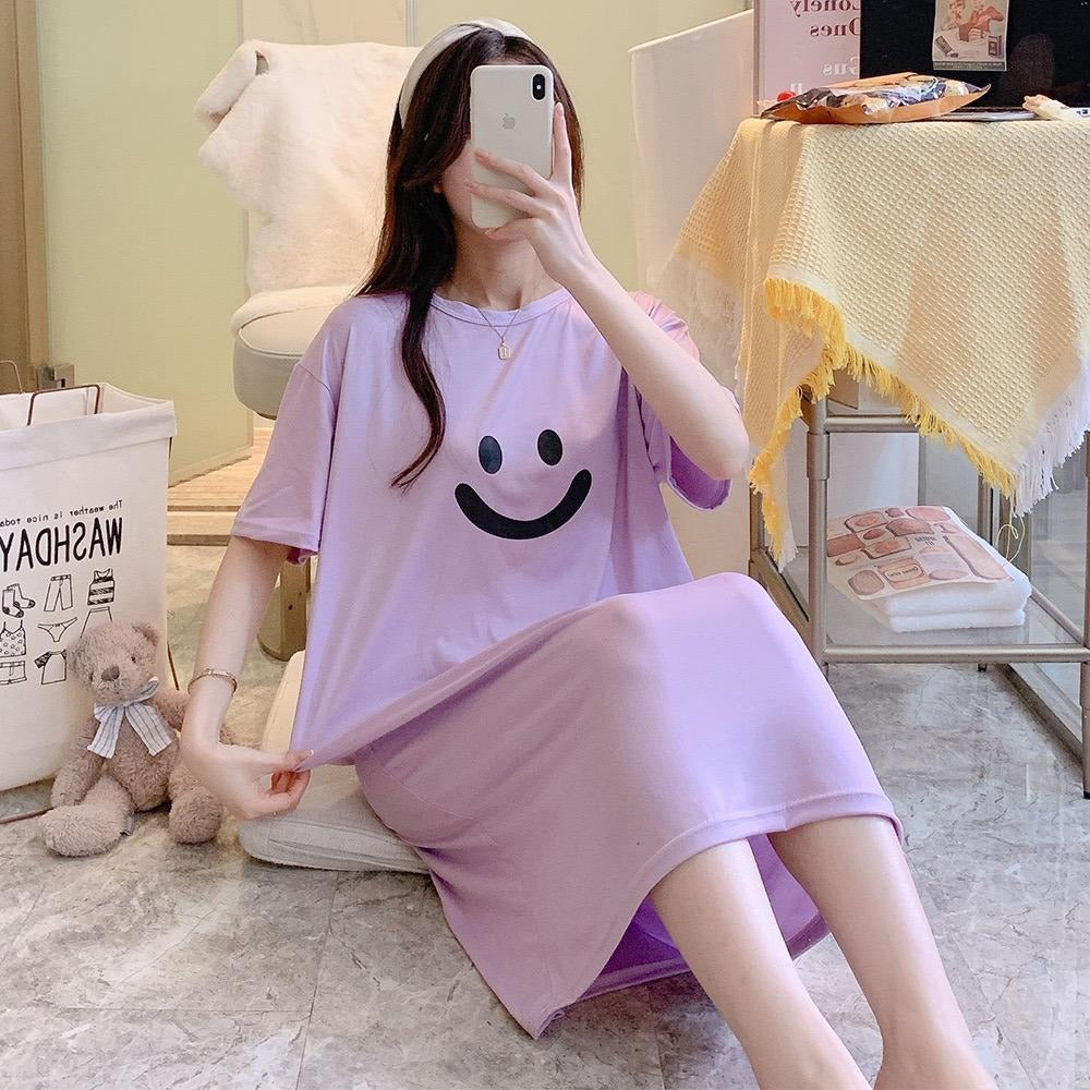 Smile Pattern Solid Half Sleeve T-shirt Dress for Women