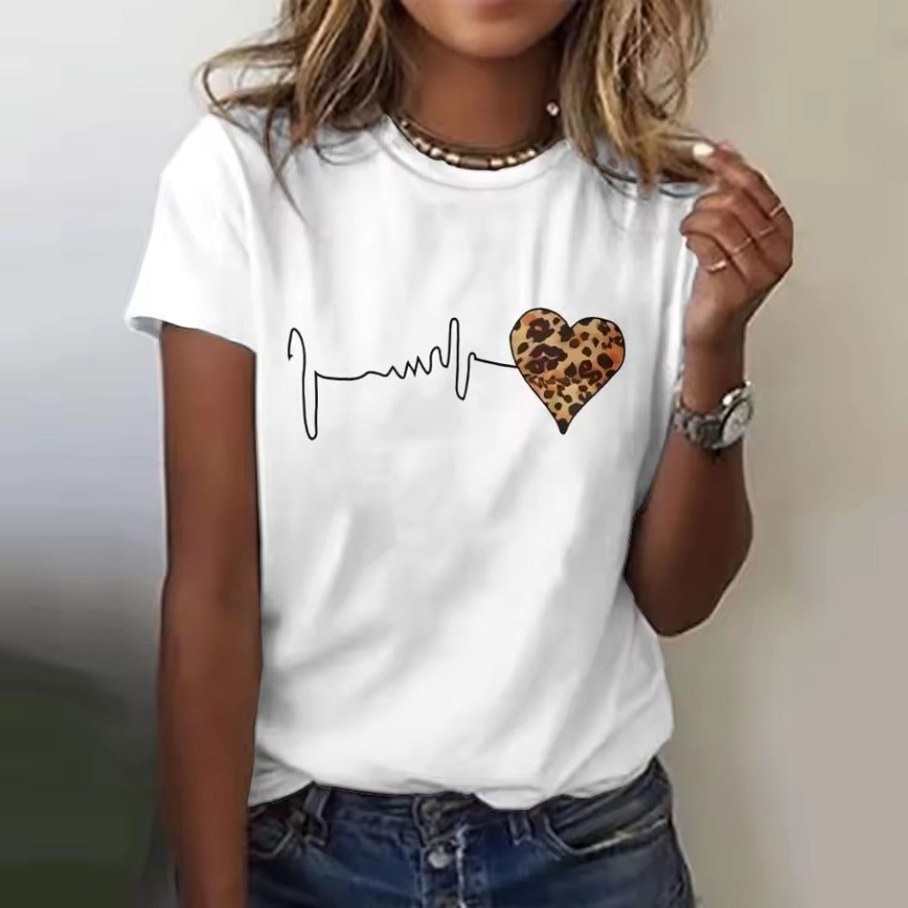Heart Design Printed Short Sleeve T-shirt for Women