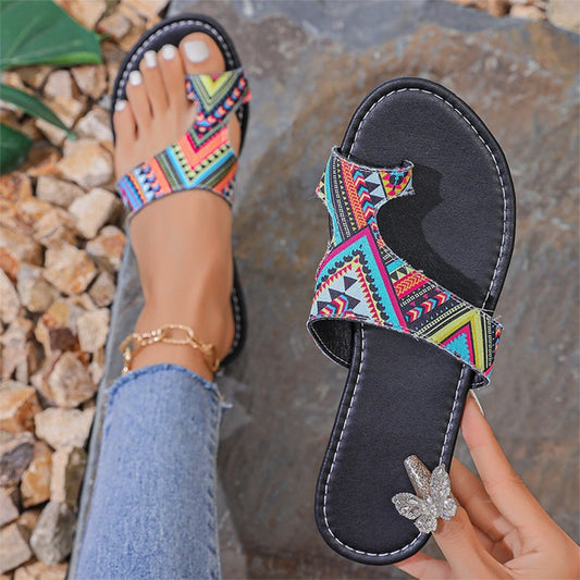 Open Toe Printed Fashion Flat - Summer Beach Slide Sandals for Women