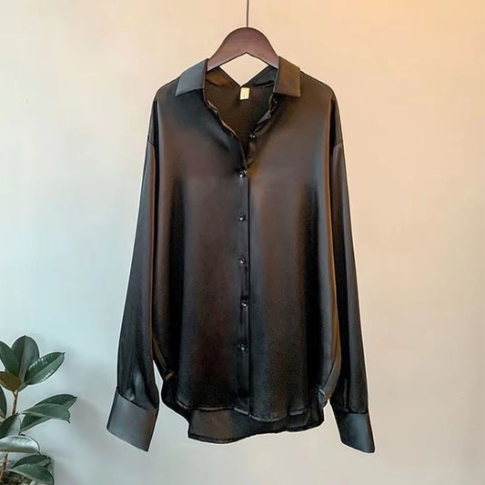 Solid Ice Silk Polyester Fashion Long Sleeve Shirt for Women