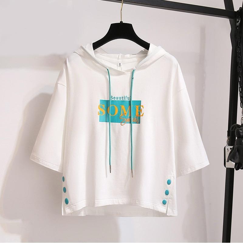Graphics Printed Short Sleeve Hooded Sweatshirt for Women
