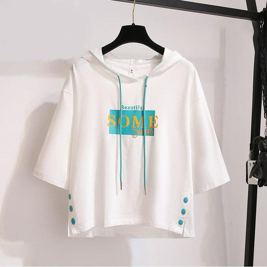 Graphics Printed Short Sleeve Hooded Sweatshirt for Women