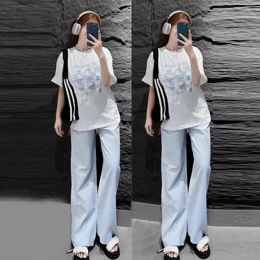 Printed Fashion Short Sleeve T-shirt & Wide Leg Pant for Women