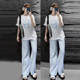 Printed Fashion Short Sleeve T-shirt & Wide Leg Pant for Women