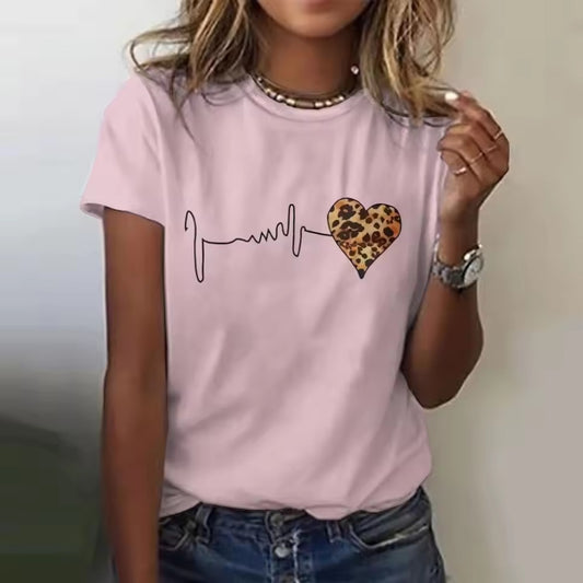 Heart Design Printed Short Sleeve T-shirt for Women