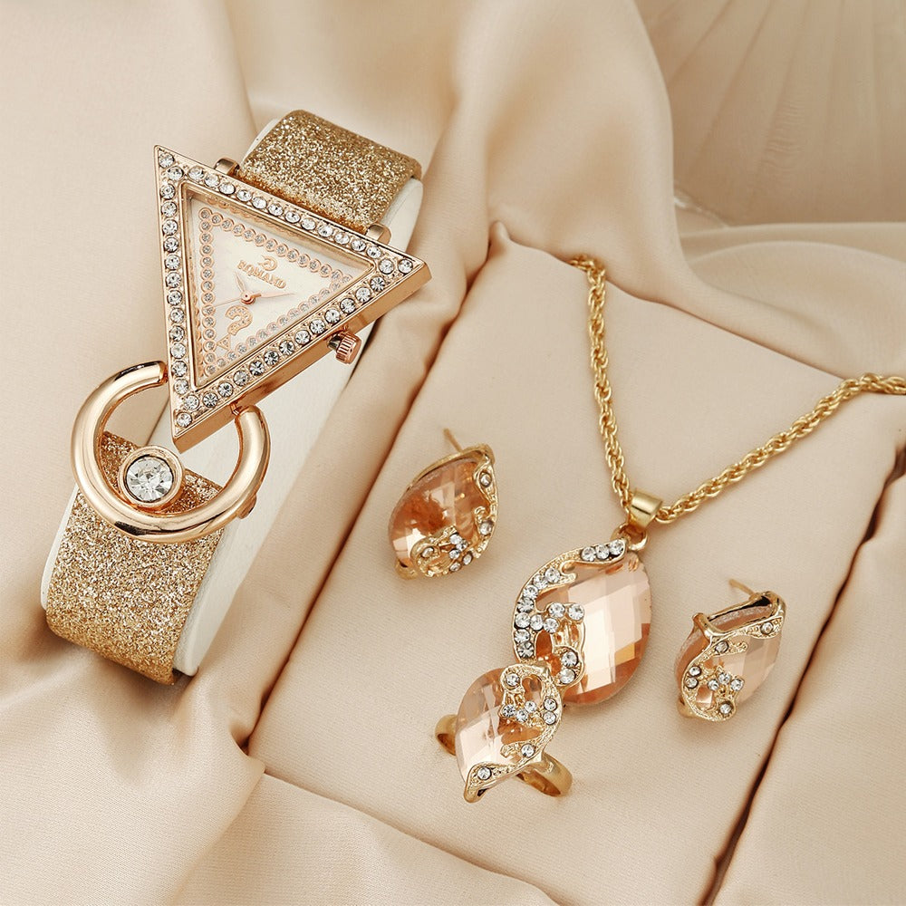 Rhinestone Casual Quartz Belt Watch & Jewelry Set for Women