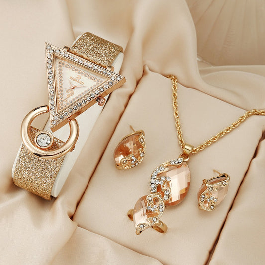 Rhinestone Casual Quartz Belt Watch & Jewelry Set for Women