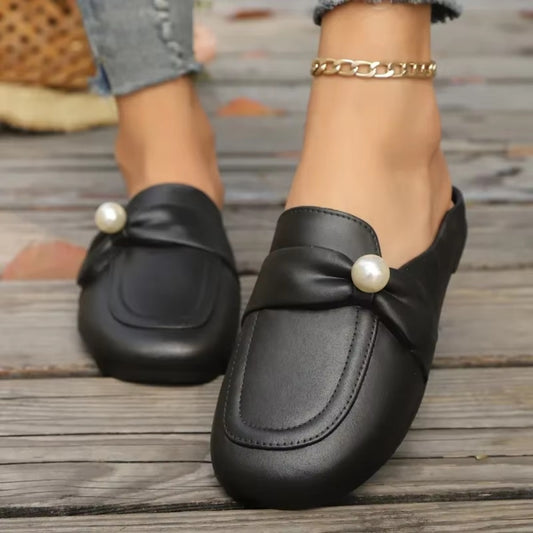 Leather Round Toe Slip-On Mules Sandals for Women