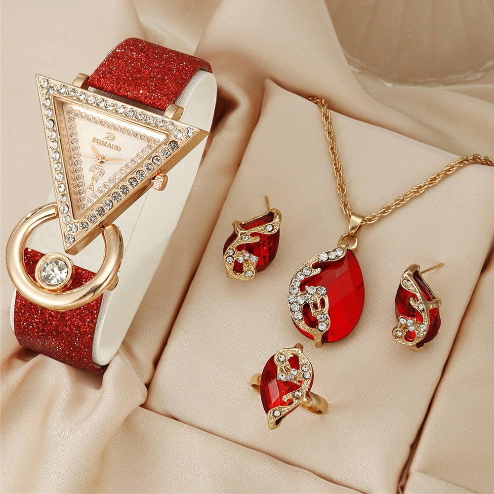 Rhinestone Casual Quartz Belt Watch & Jewelry Set for Women