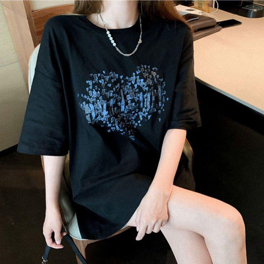 Graphics Printed Round Collar Short Sleeve T- Shirt for Women