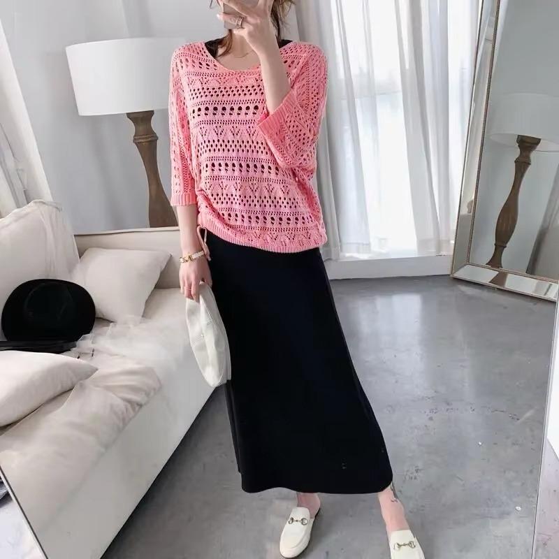 Hollow Knit Thin Solid Fashion Two-Piece Set Dress for Women