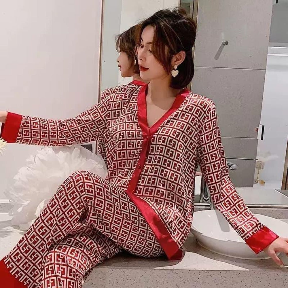 V Neck Printed Night Wear Pajama for Women