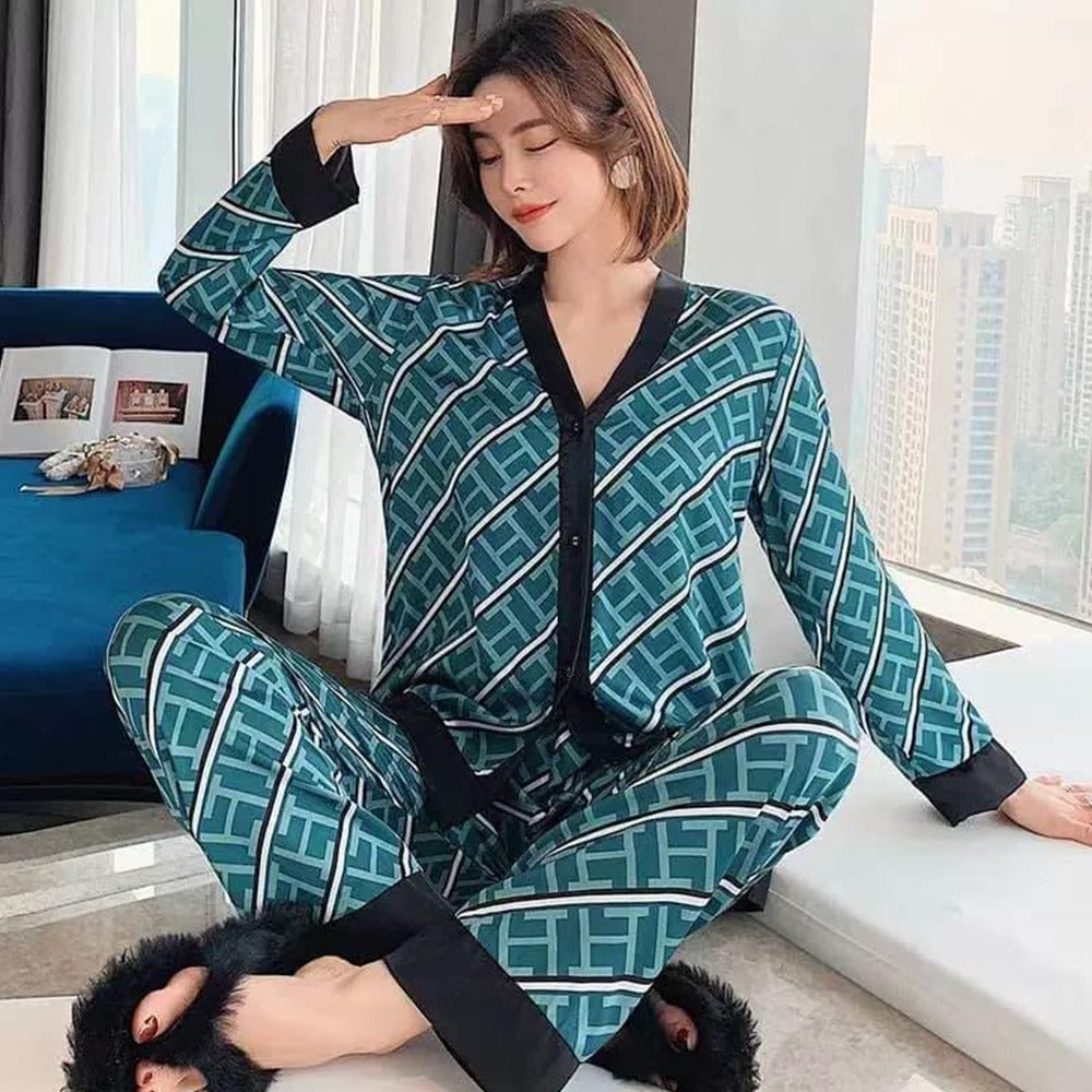 V Neck Printed Night Wear Pajama for Women