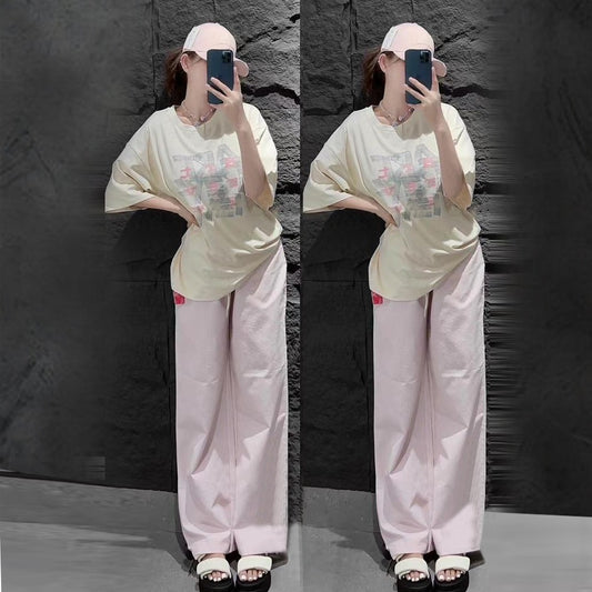 Printed Fashion Short Sleeve T-shirt & Wide Leg Pant for Women