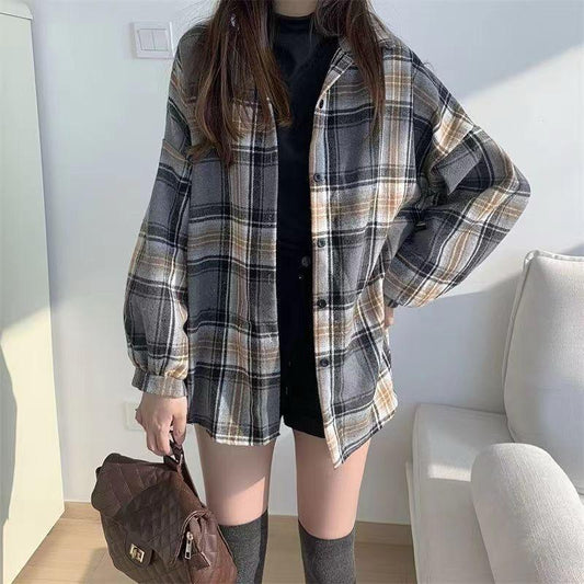 Long Sleeve Checkered Pattern Casual Oversized Shirt for Women