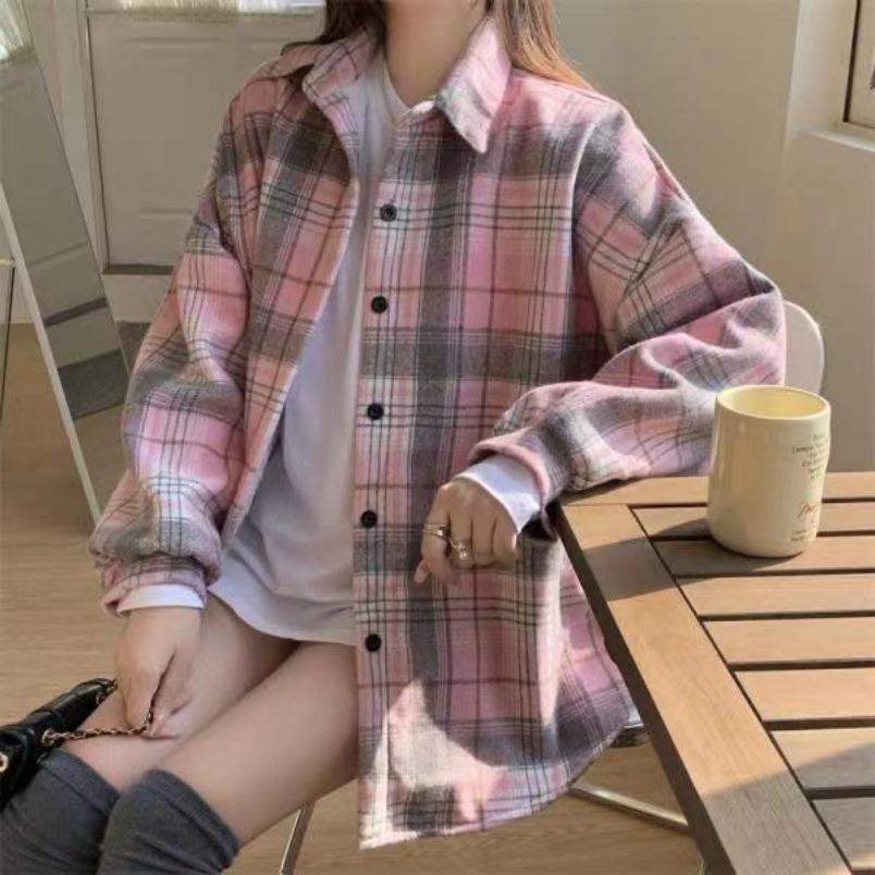 Long Sleeve Checkered Pattern Casual Oversized Shirt for Women