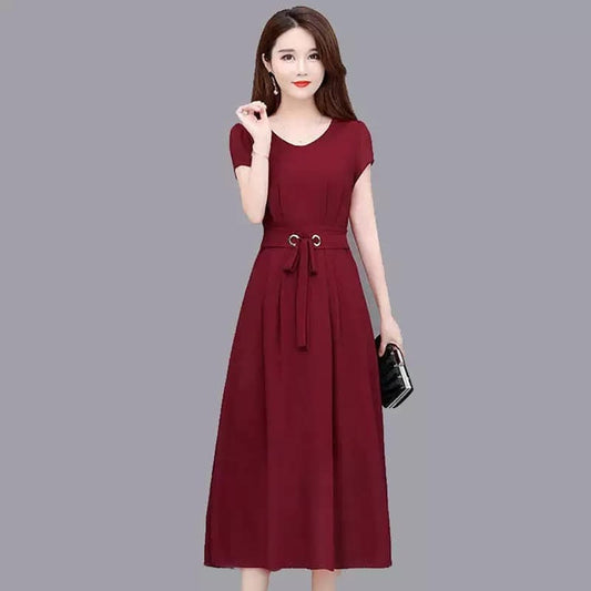 Knee Length Solid Skirt with Belt Slim A Line Dress for Women