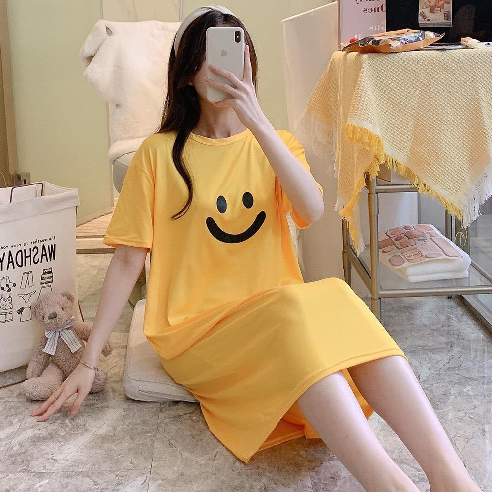 Smile Pattern Solid Half Sleeve T-shirt Dress for Women