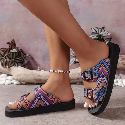 New Double Band Printed Fashion Flat Sandals for Women