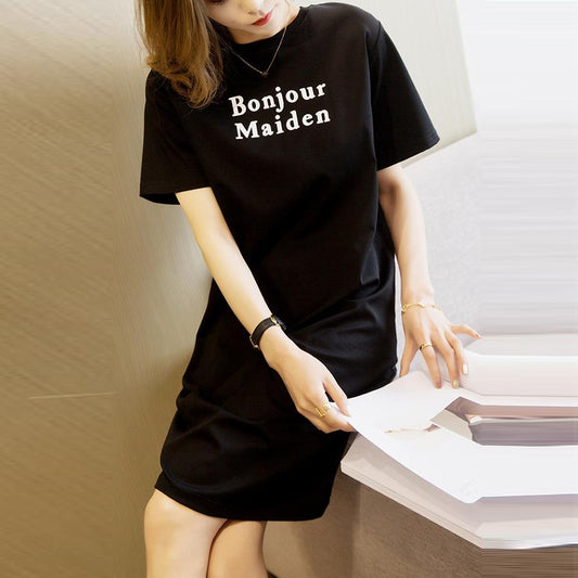 Korean Text Printed Fashion Short Sleeve T-shirt Nightdress for Women
