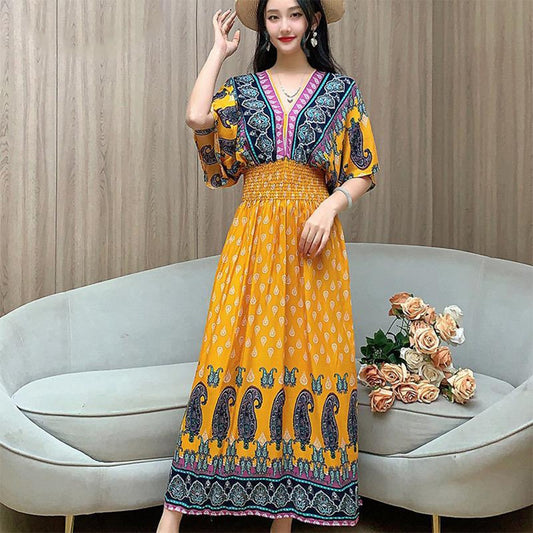 Floral Design Maxi Long Printed Bat Sleeve Dress for Women
