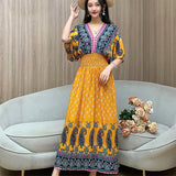 Floral Design Maxi Long Printed Bat Sleeve Dress for Women