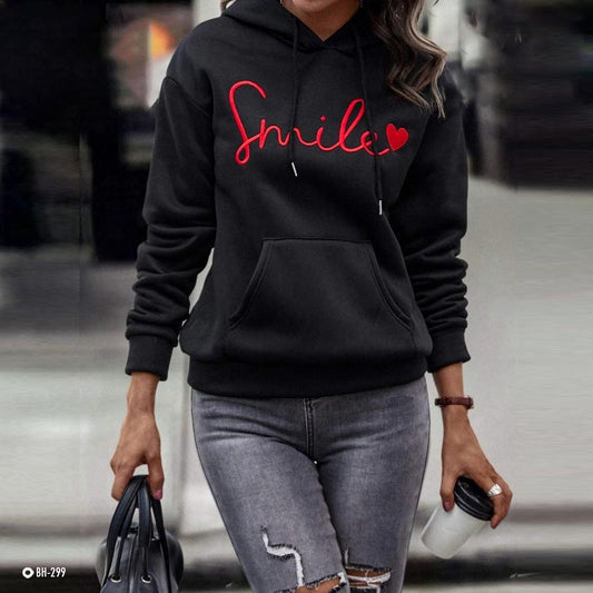 Smile Text Printed Fashion Solid Fashion Hoodies for Women