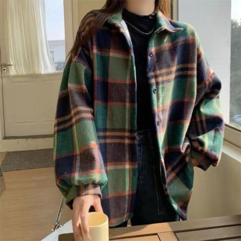 Long Sleeve Checkered Pattern Casual Oversized Shirt for Women