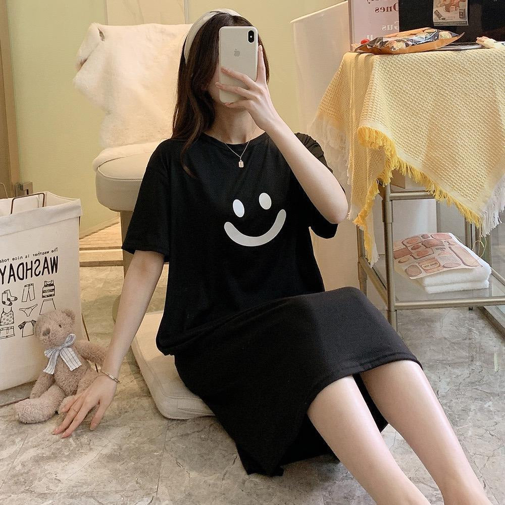 Smile Pattern Solid Half Sleeve T-shirt Dress for Women