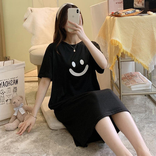Smile Pattern Solid Half Sleeve T-shirt Dress for Women