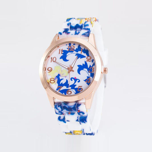 Floral Printed Design Pattern Quartz Wrist Watch for Ladies