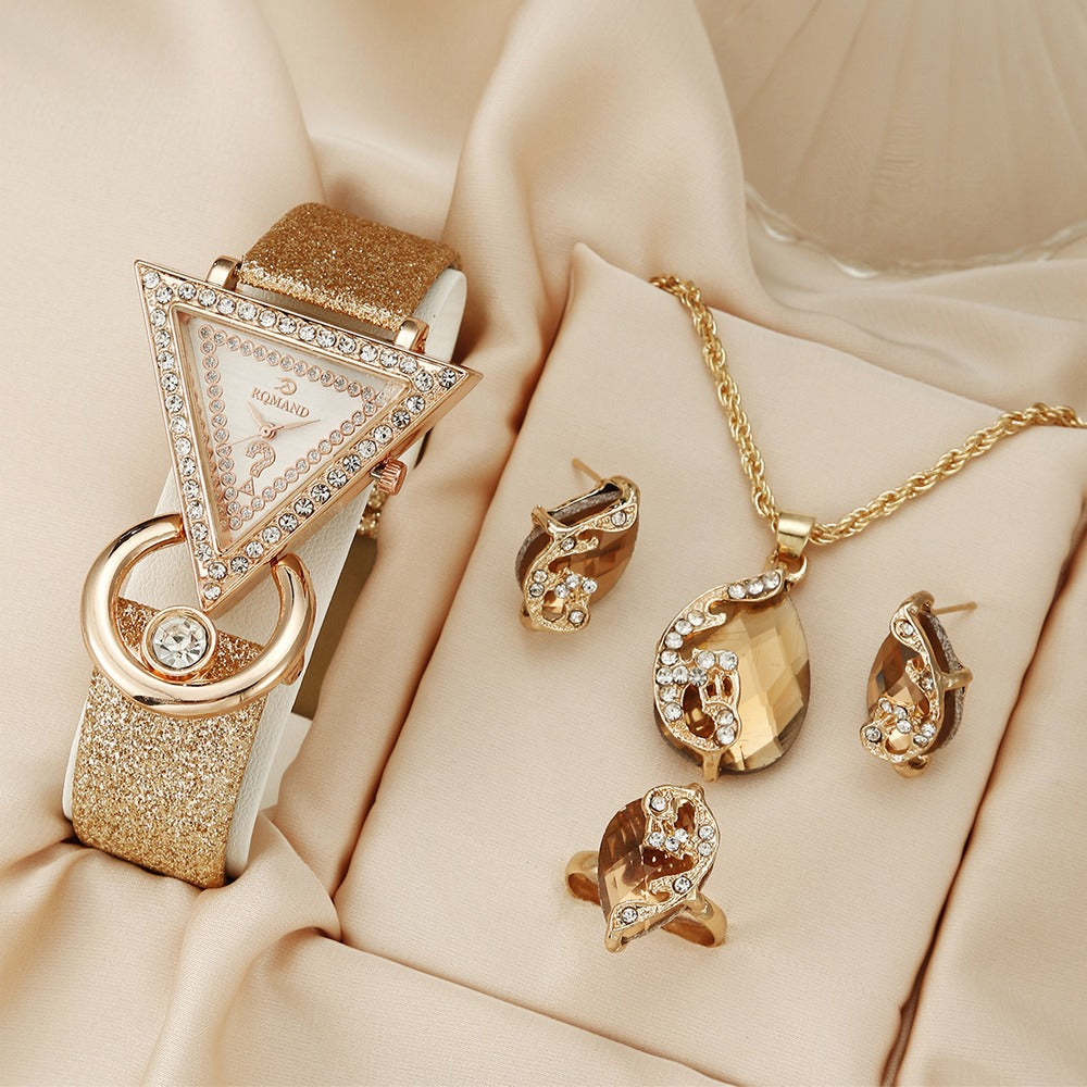 Rhinestone Casual Quartz Belt Watch & Jewelry Set for Women