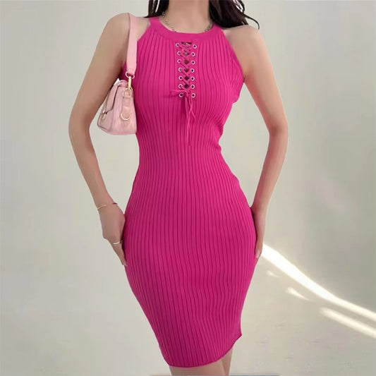 Knitted Fashion Solid Color Slim Dress for Women