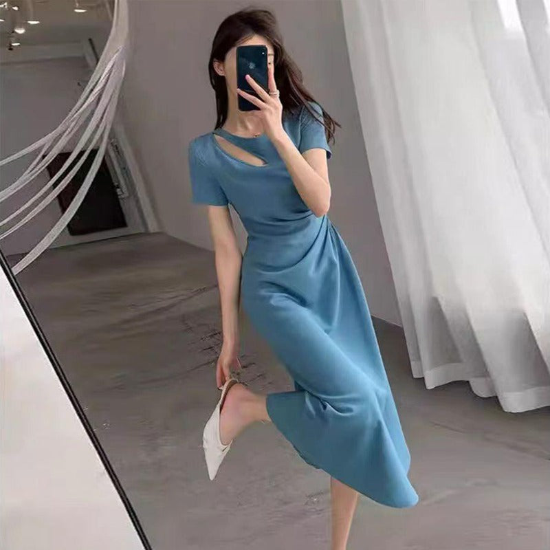 Solid Color Asymmetrical Neck Style Dress for Women
