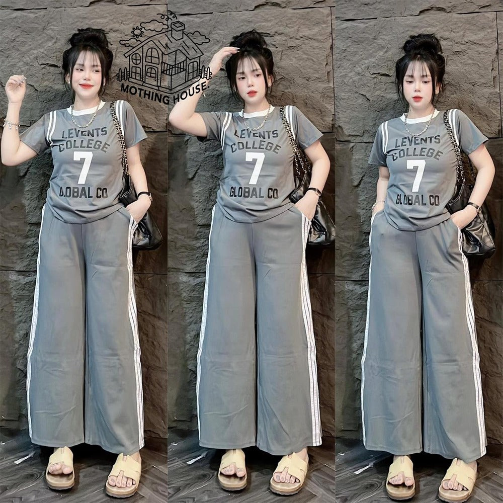 Letter Printed Fashion T-shirt & Wide Leg Pant for Women