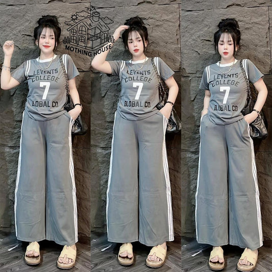Letter Printed Fashion T-shirt & Wide Leg Pant for Women