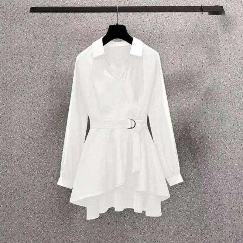 Korean Style V Neck Autumn Slim Belt Shirt Dress for Women