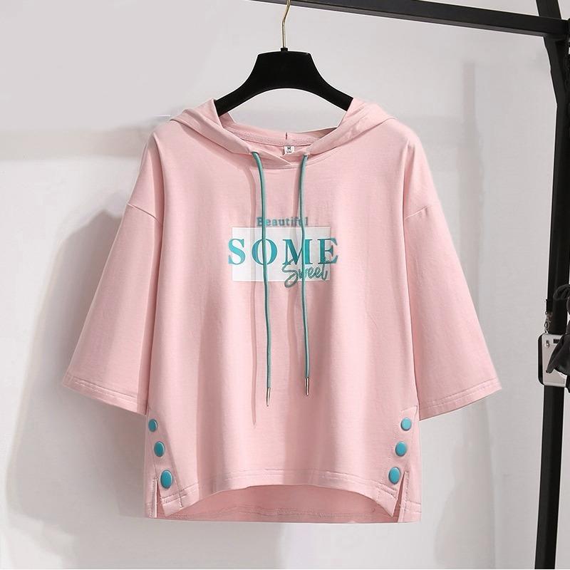 Graphics Printed Short Sleeve Hooded Sweatshirt for Women