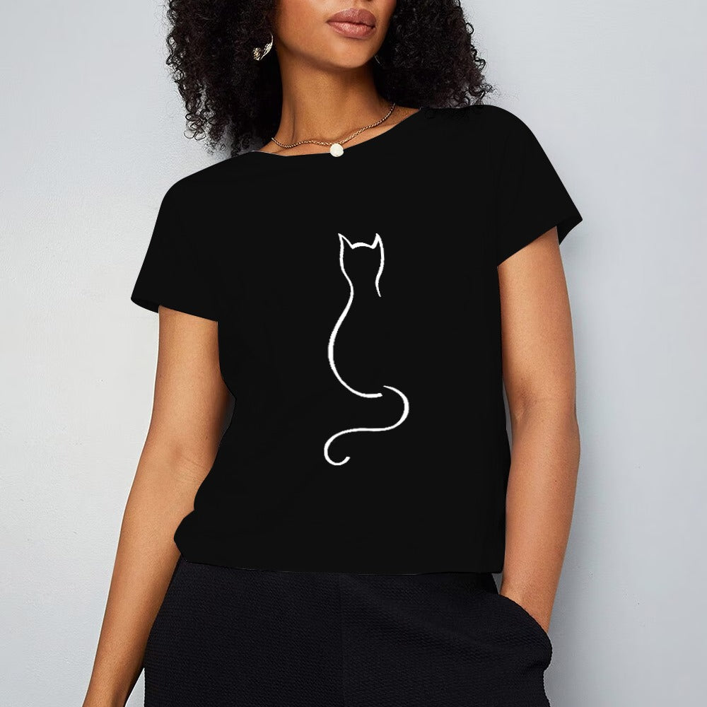 Line Art Cat Solid Short T-shirt for Women