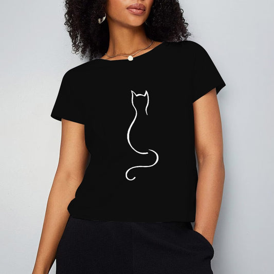 Line Art Cat Solid Short T-shirt for Women