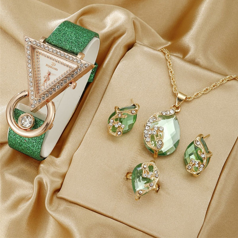Rhinestone Casual Quartz Belt Watch & Jewelry Set for Women