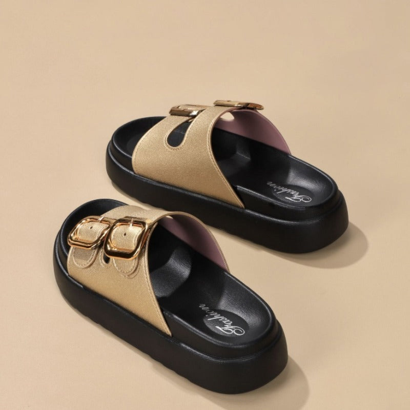 Double Buckle Fashion Synthetic Beach Street Sandals for Women