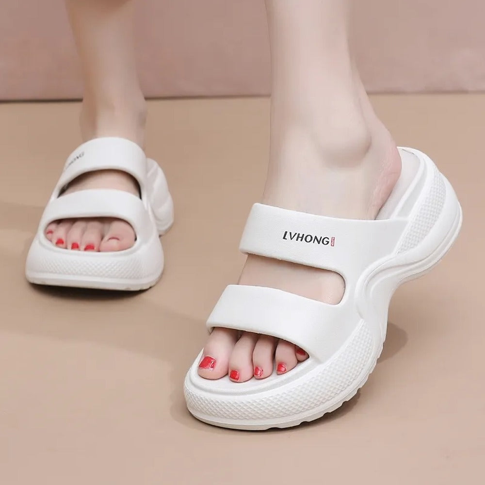Double Bar Solid Slip-On Thick Sole Sandals for Women