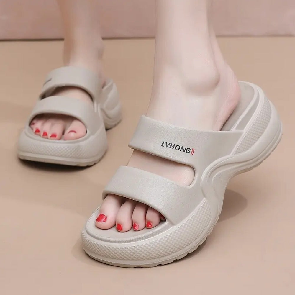 Double Bar Solid Slip-On Thick Sole Sandals for Women