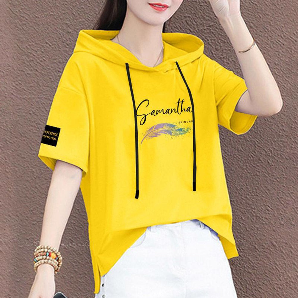 Solid Printed Fashion Hooded Short Sleeve T-Shirt for Women