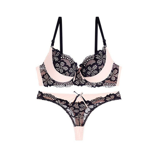 Floral Pattern Padded Lace Fashion Bra & Panty Set for Women