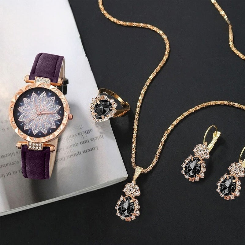 Premium Style 5 Pcs Jewlery Watch Set for Ladies