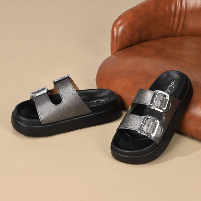 Double Buckle Fashion Synthetic Beach Street Sandals for Women